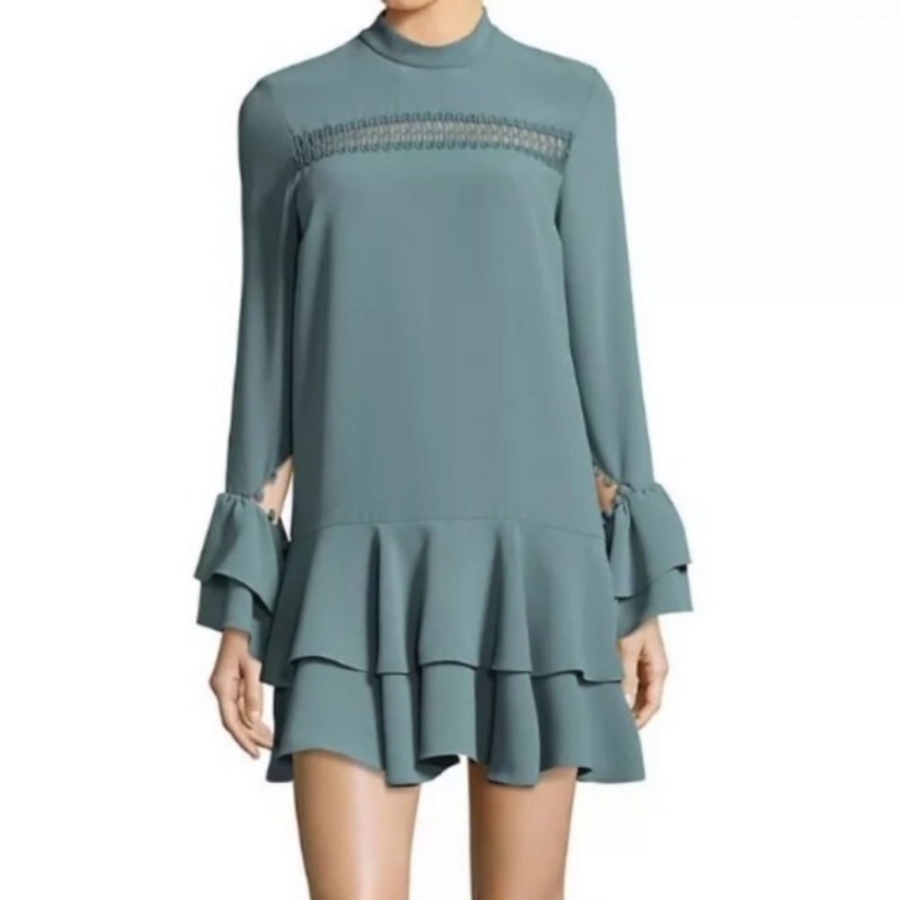 Prose & Poetry Marcel Feminine Cutout Long Sleeve Ruffle Mini Sage Dress Size M.